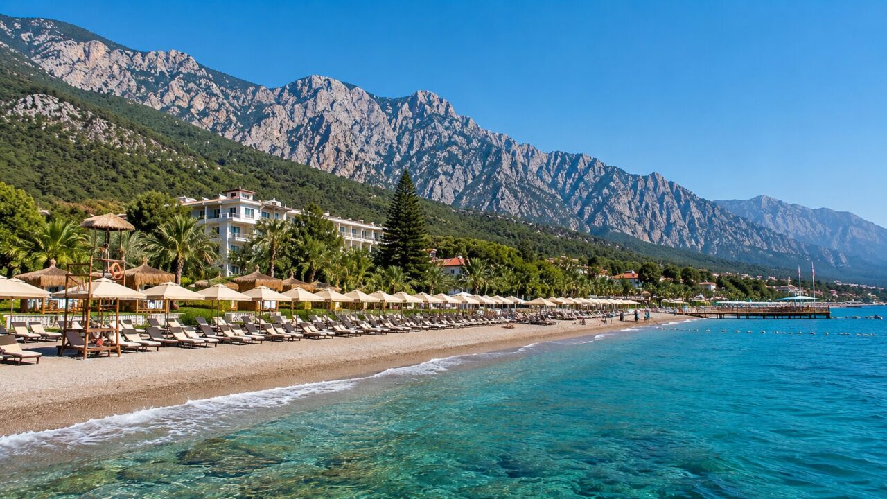 Пляж готелю Akka Antedon у Бельдібі з прозорим морем та горами Кемера