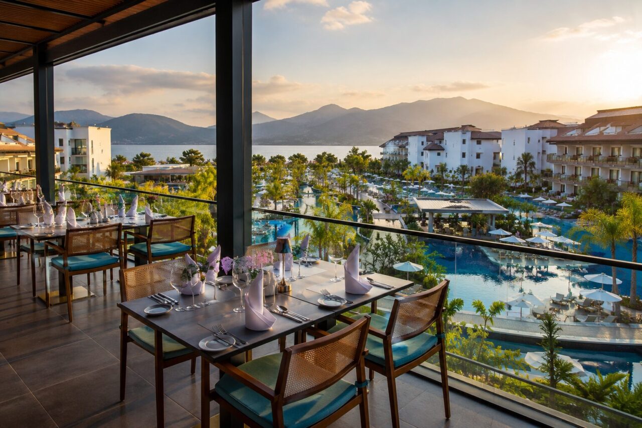 Стильный ресторан Akra Fethiye Tui Blue Sensatori с видом на бассейны и горы