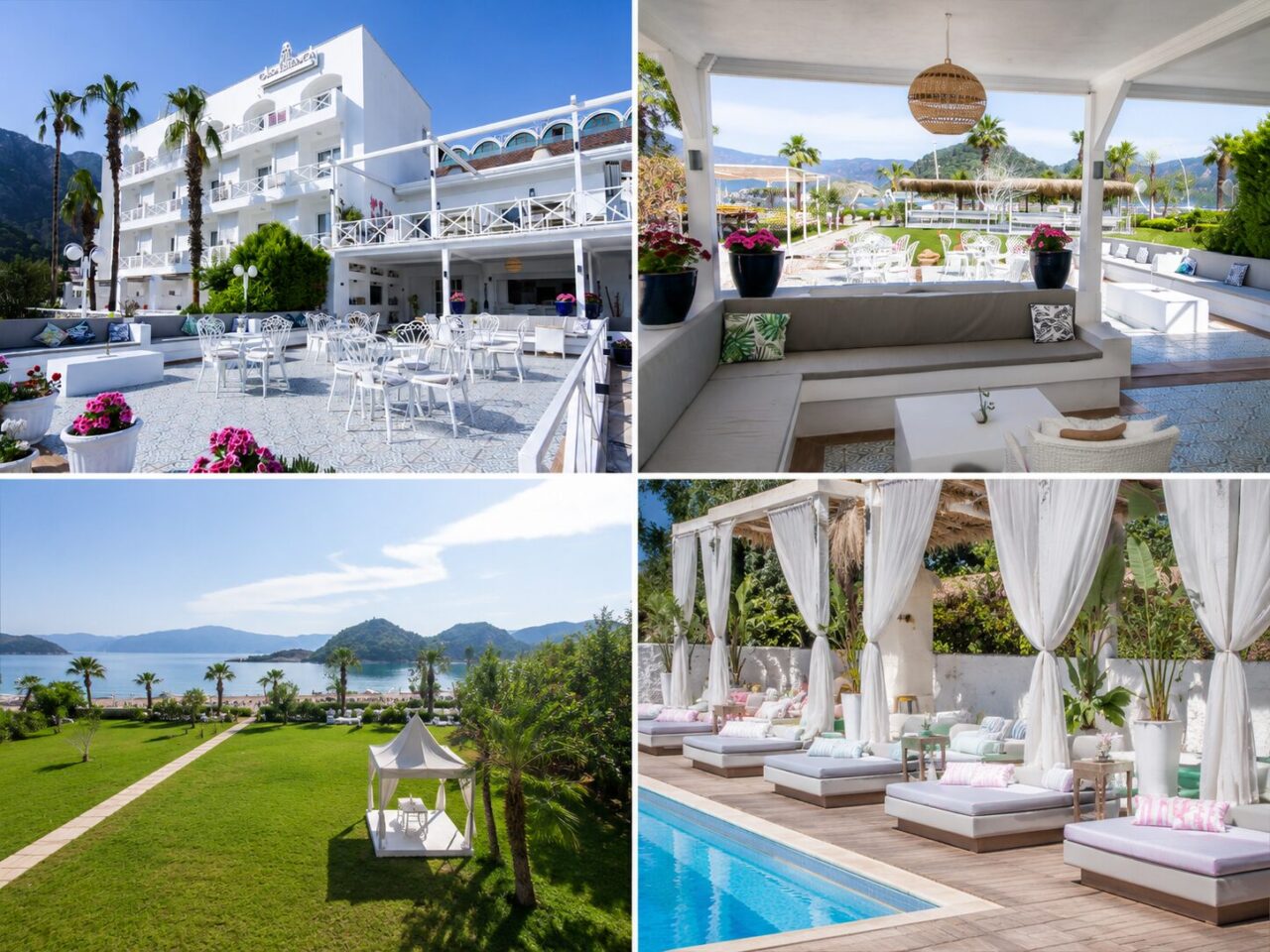 Колаж готелю Casa Blanca Beach в Ічмелері: білосніжна архітектура, лаунж-зона, зелена галявина біля моря та пляжні кабани