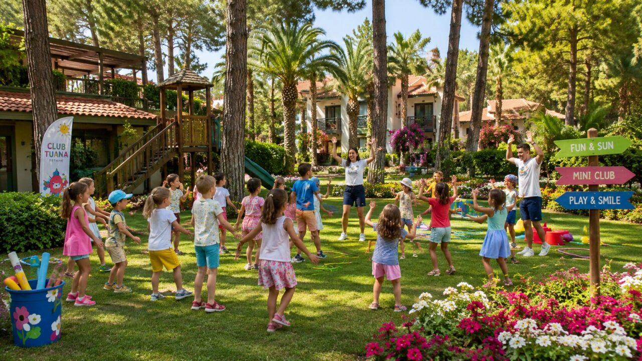 Дети участвуют в развлекательной программе среди сосен и садов Club Tuana Fethiye