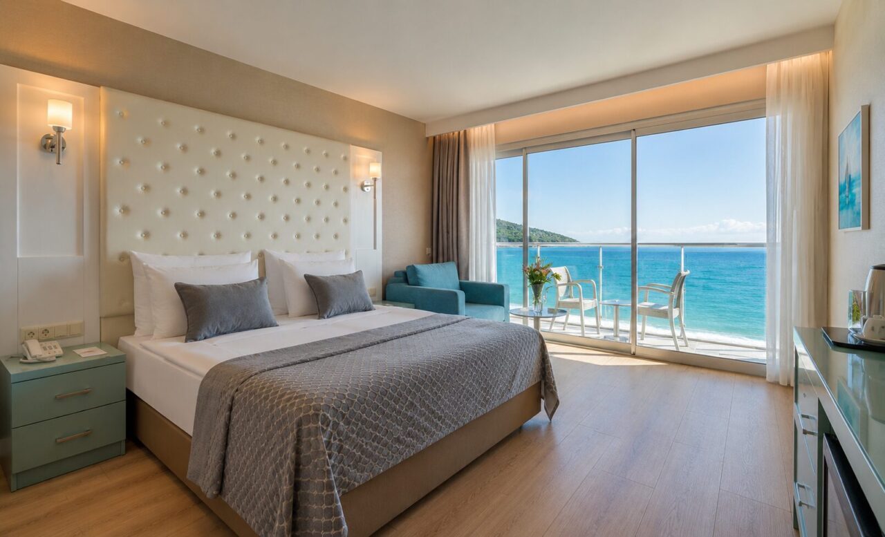 Сучасний номер Corendon Playa Kemer з великим панорамним вікном і видом на море