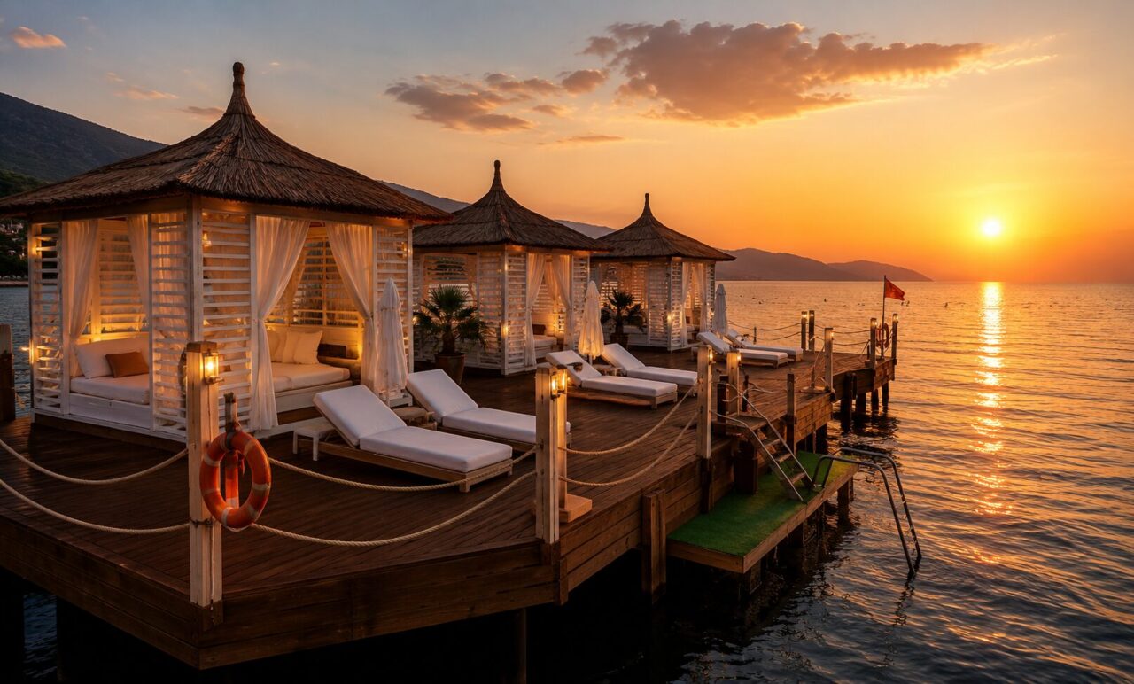 Затишні кабани на пірсі Corendon Playa Kemer над морем під час заходу сонця