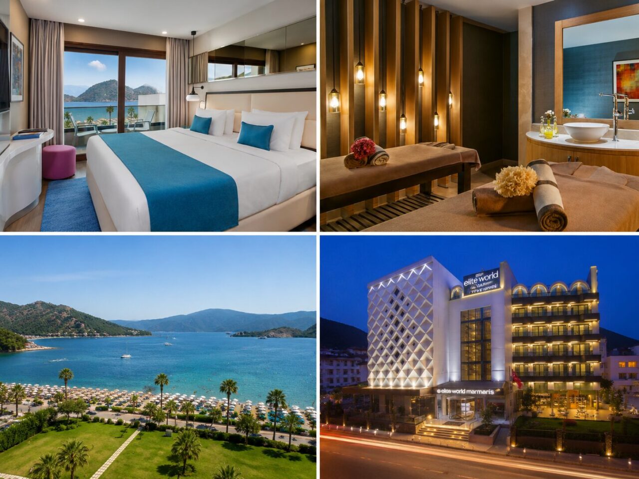 Колаж готелю Elite World Marmaris в Ічмелері: номер з видом на море, SPA-центр, бухта Ічмелера та вечірній фасад готелю