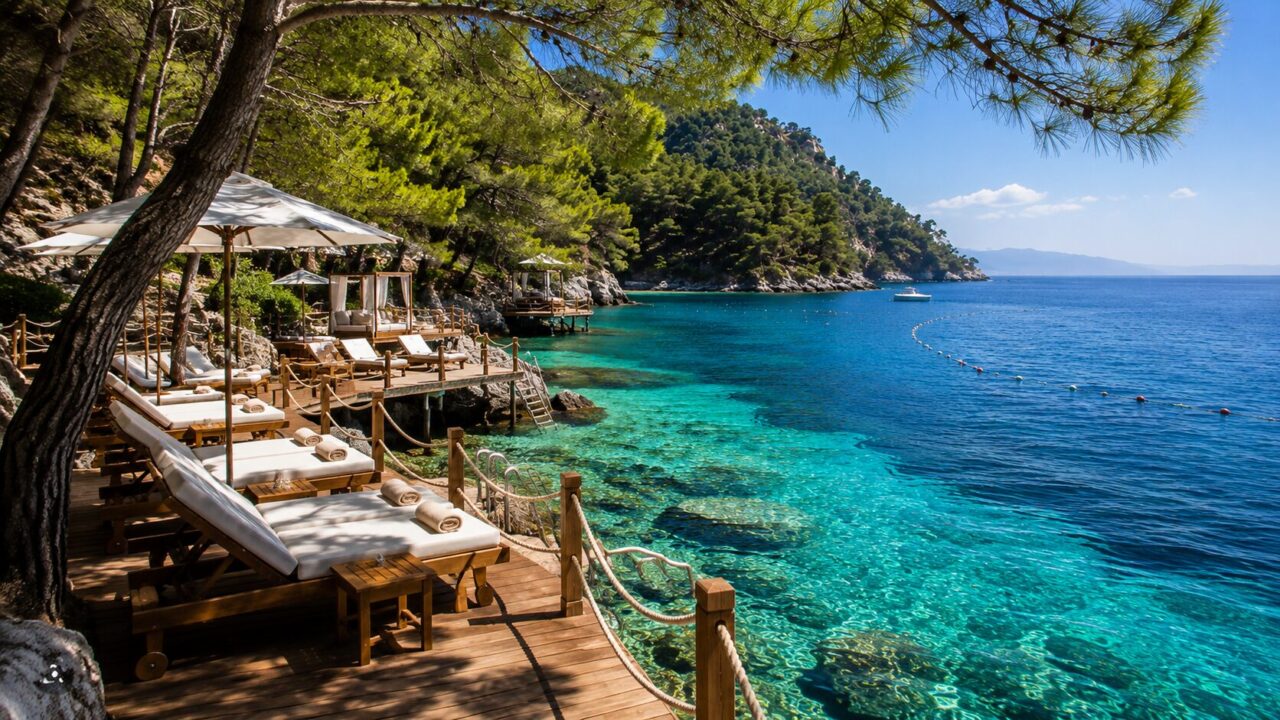 Деревянная платформа Hillside Beach Club над бирюзовым морем