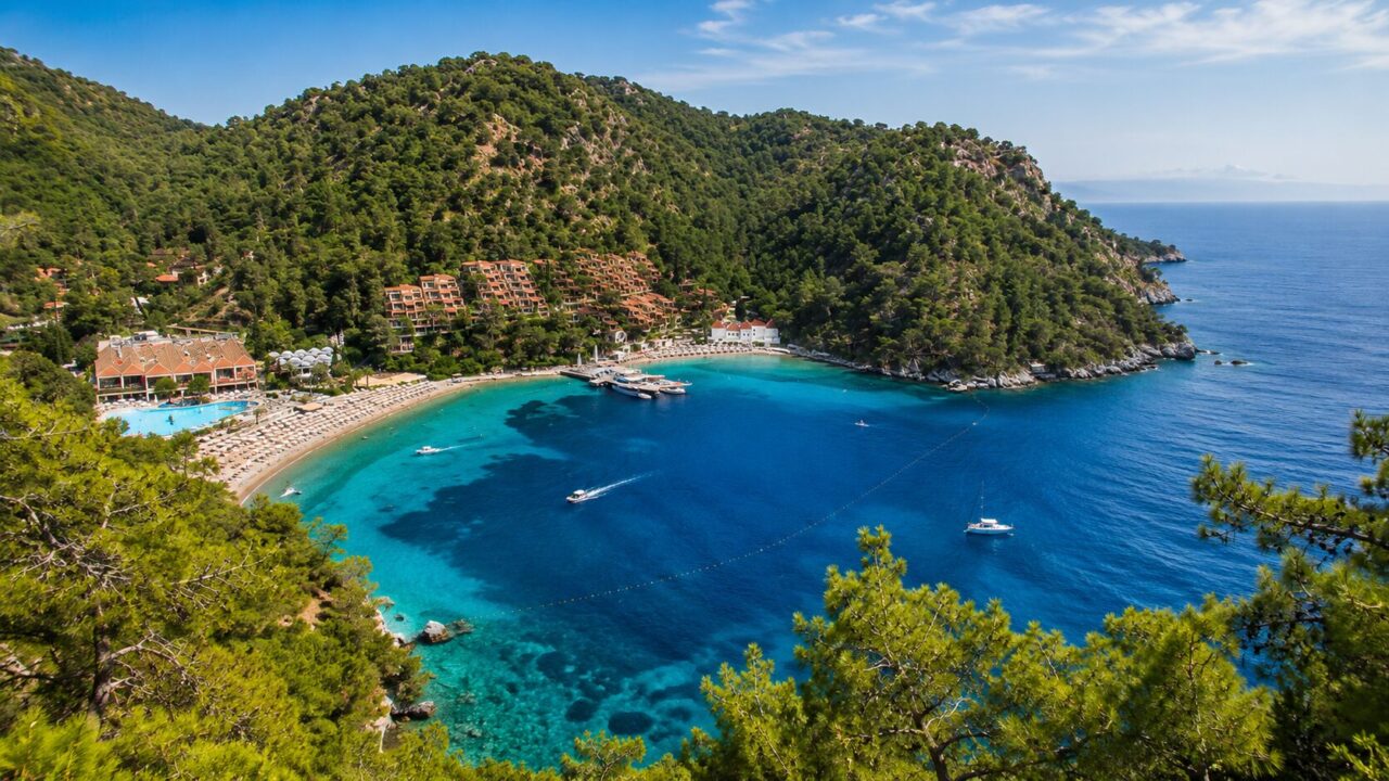 Панорамный вид на бухту Hillside Beach Club среди сосновых склонов
