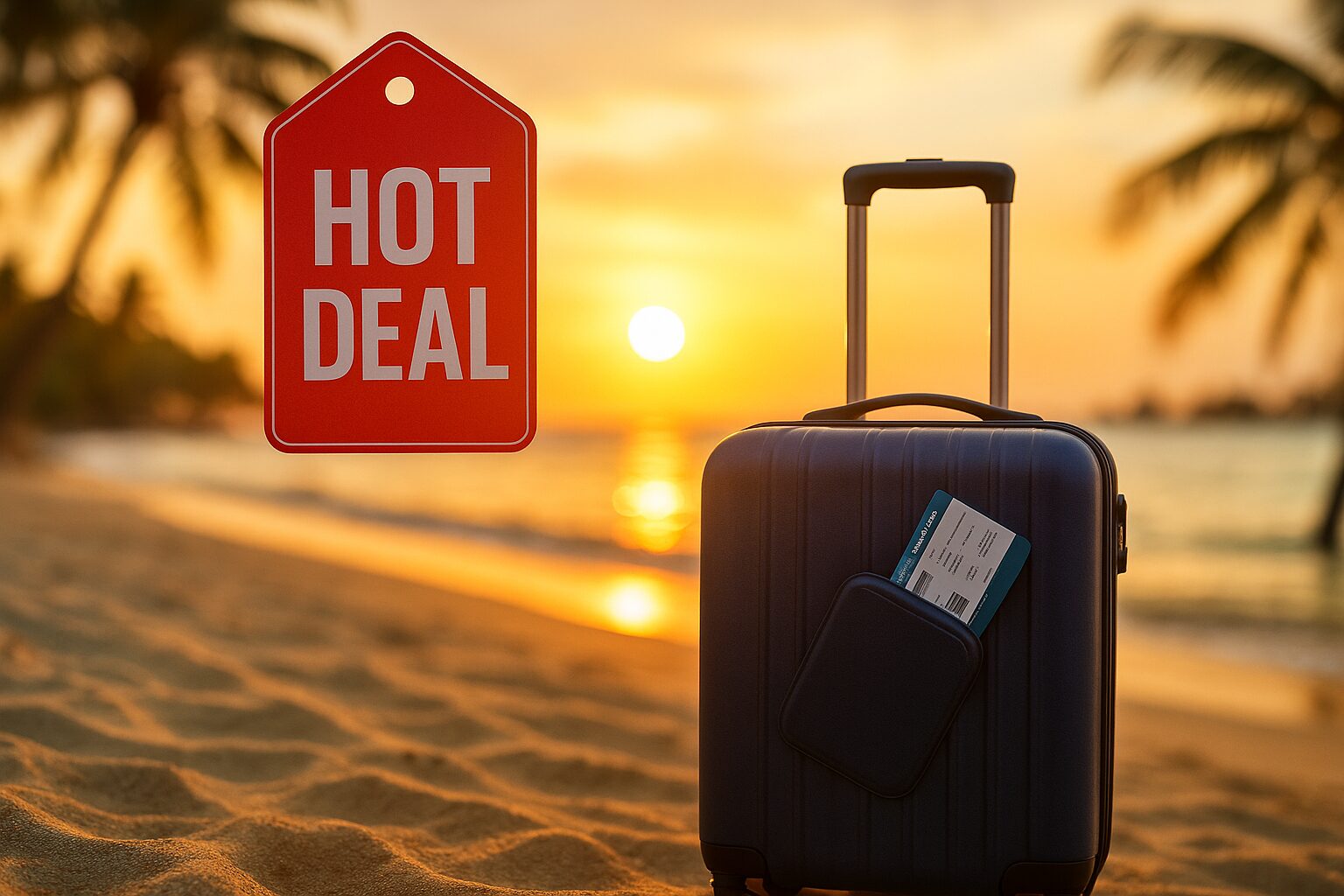 Чемодан с билетами на пляже Таиланда на закате и табличка Hot Deal — горящие туры