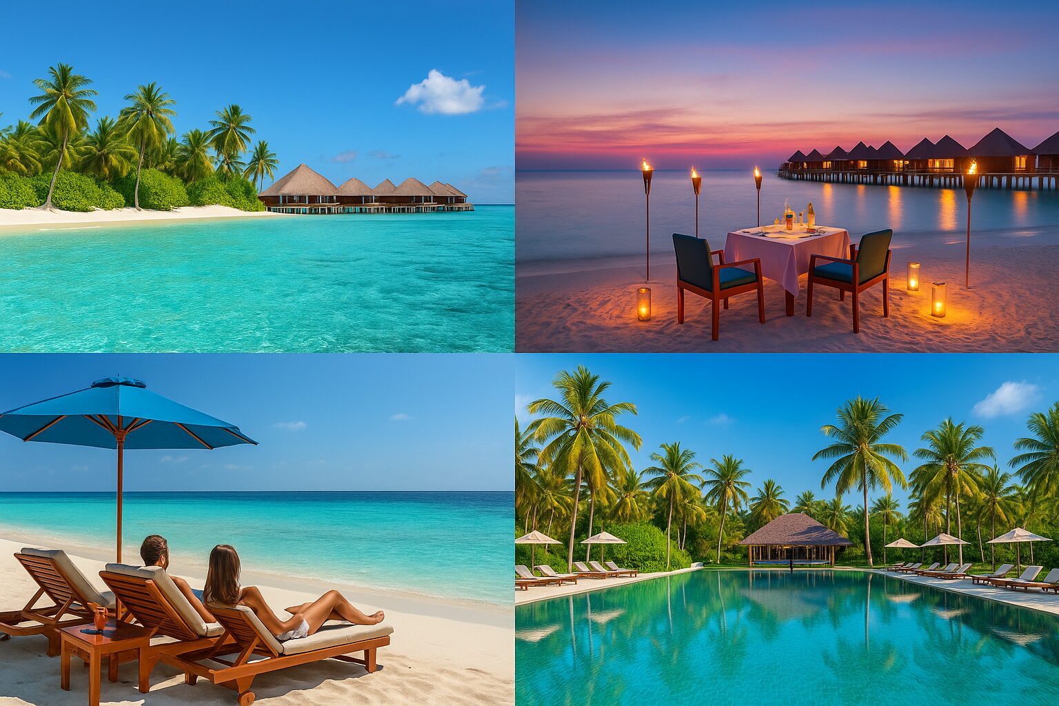 Фотоколлаж мальдивских курортов: Baros, Kandolhu, Kuramathi, Meeru Island. Атмосфера роскоши, приключений и спокойствия у океана.
