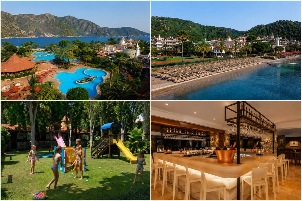 Колаж готелю Marti Resort в Ічмелері: басейни, пляж, дитячий майданчик і бар