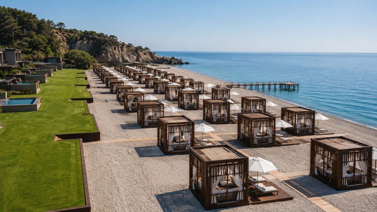 Приватні пляжні павільйони Maxx Royal Kemer біля моря з видом на узбережжя та бірюзову воду