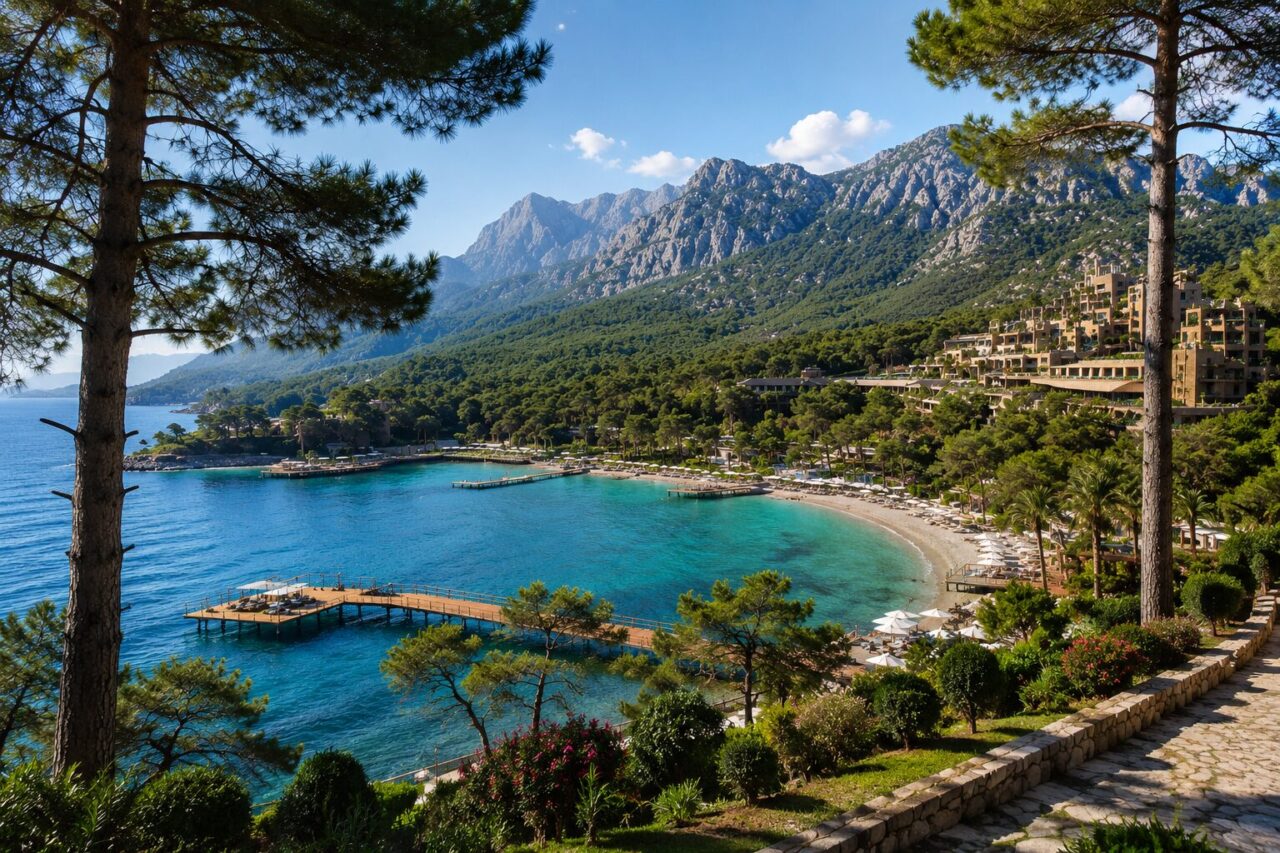 Панорамний вид на бухту NG Phaselis Bay з бірюзовим морем, сосновим лісом та горами Кемера