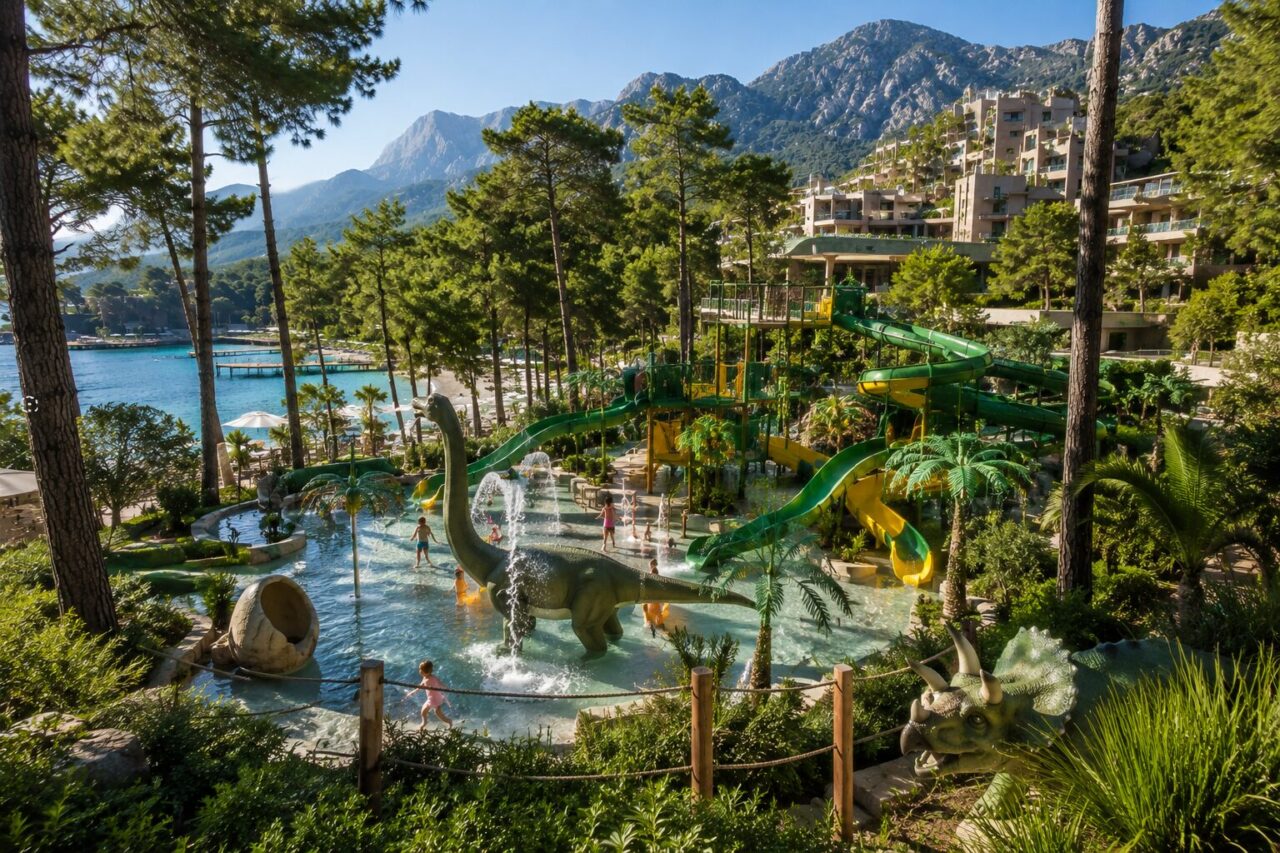 Дитяча зона з водними атракціонами серед соснового лісу в NG Phaselis Bay