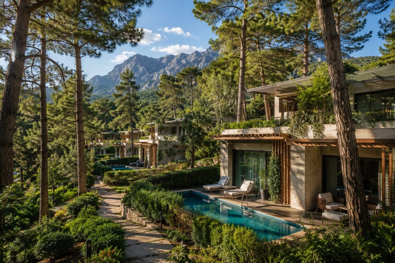 Сучасні корпуси та басейн NG Phaselis Bay серед сосен на узбережжі Кемера