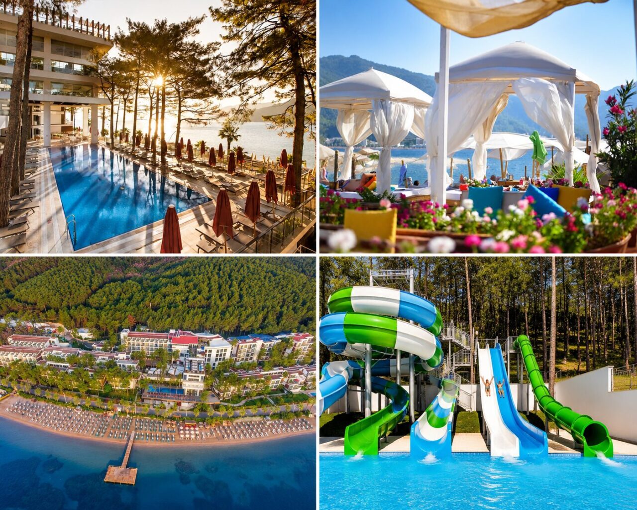 Колаж Orka Lotus Beach: басейн серед сосен, пляжні кабани, аквапарк і панорама готелю з моря