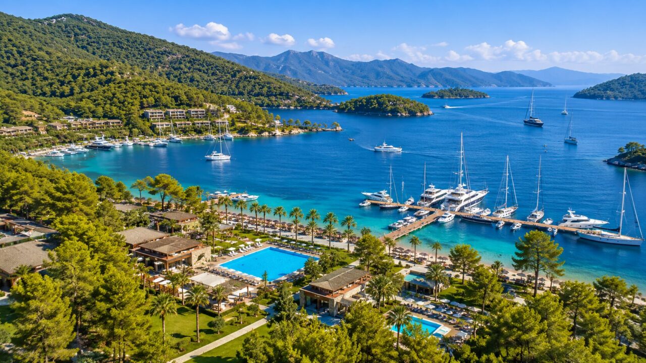 Панорамный вид на бухту Гёджека, марину и территорию Rixos Premium Göcek