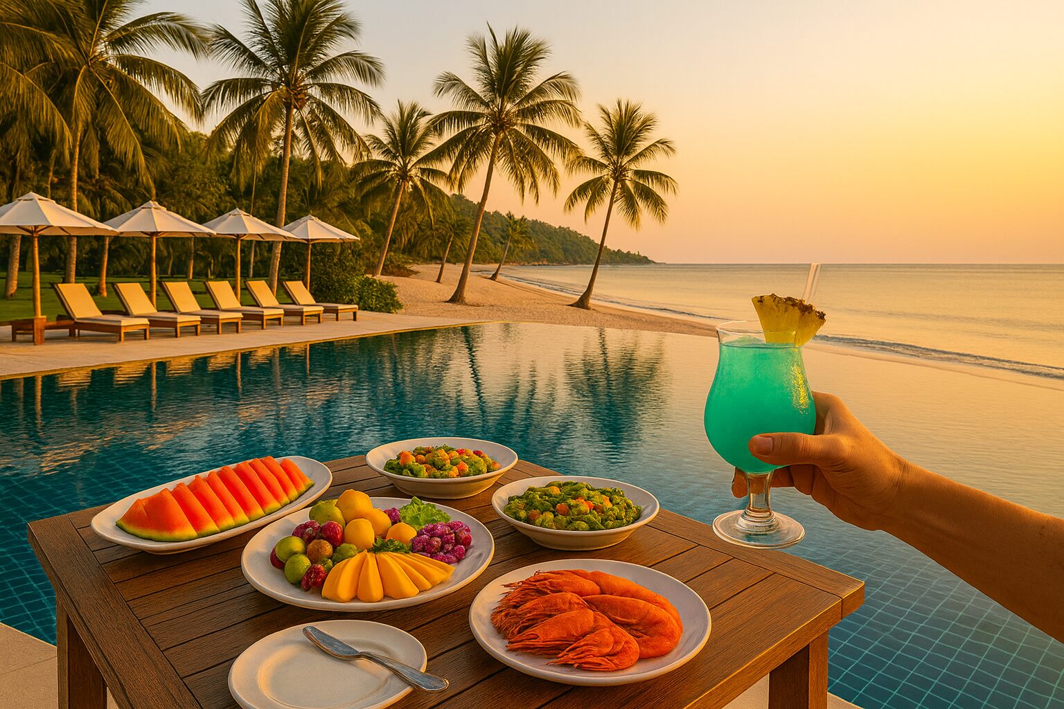 Система all inclusive в Таиланде: ужин у бассейна с фруктами, морепродуктами и коктейлем на фоне тропического пляжа