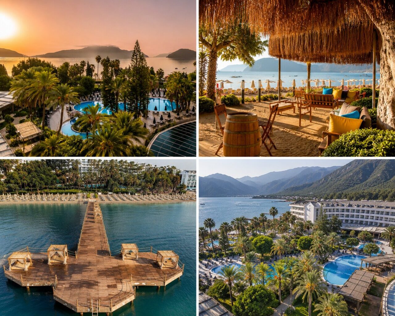 Колаж TUI BLUE Grand Azur у Мармарисі з панорамним басейном, пляжним лаунжем, пірсом та видом на бухту