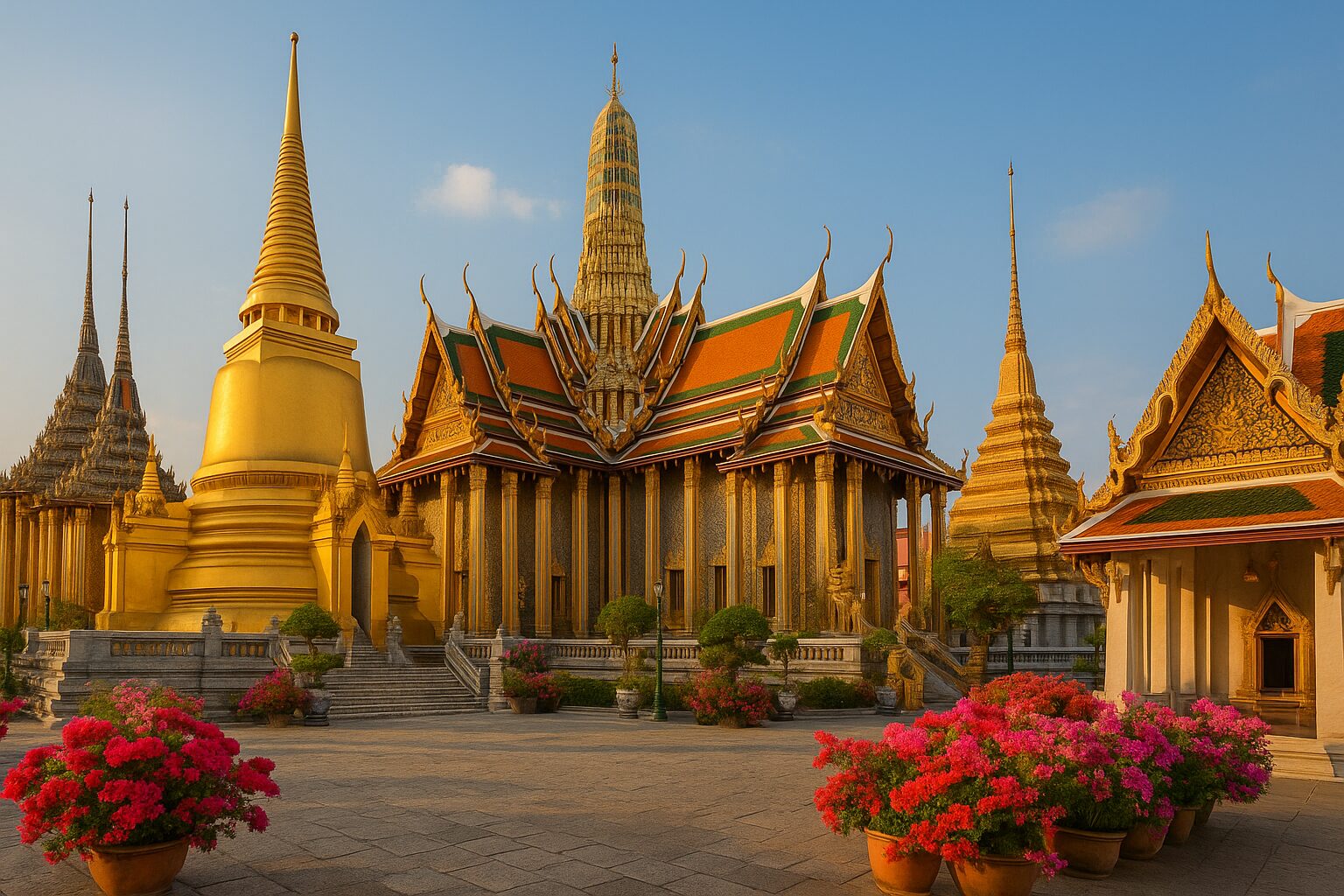 Живописный вид на храм Изумрудного Будды (Wat Phra Kaew) с золотыми шпилями в Бангкоке, Таиланд